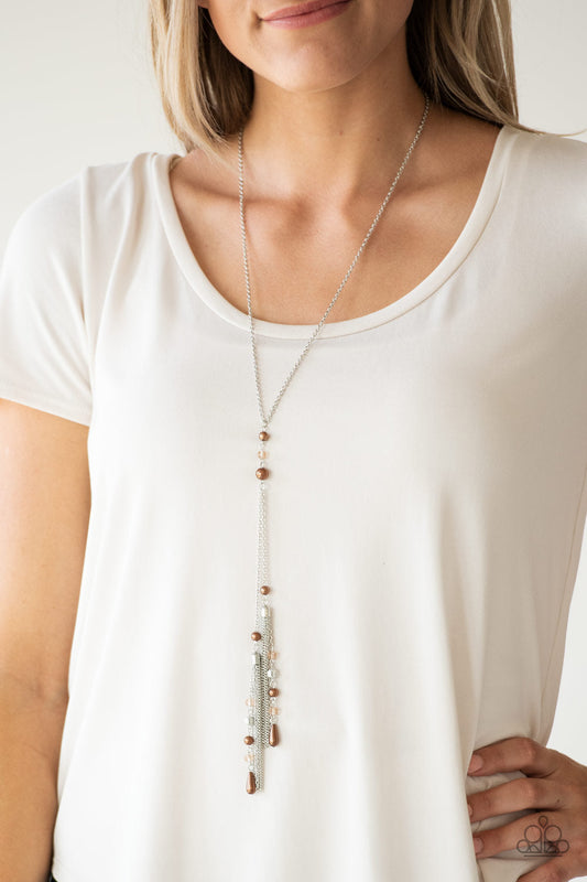 Timeless Tassels - Brown Dainty Pearls & Crystal-Like Beads/Silver Chain Tassels Necklace & matching earrings