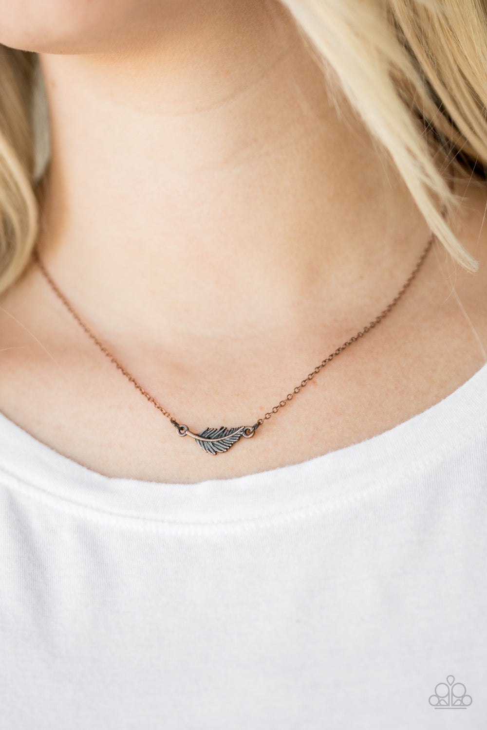 In-Flight Fashion - Copper Dainty Feather Stationary Pendant Necklace & matching earrings