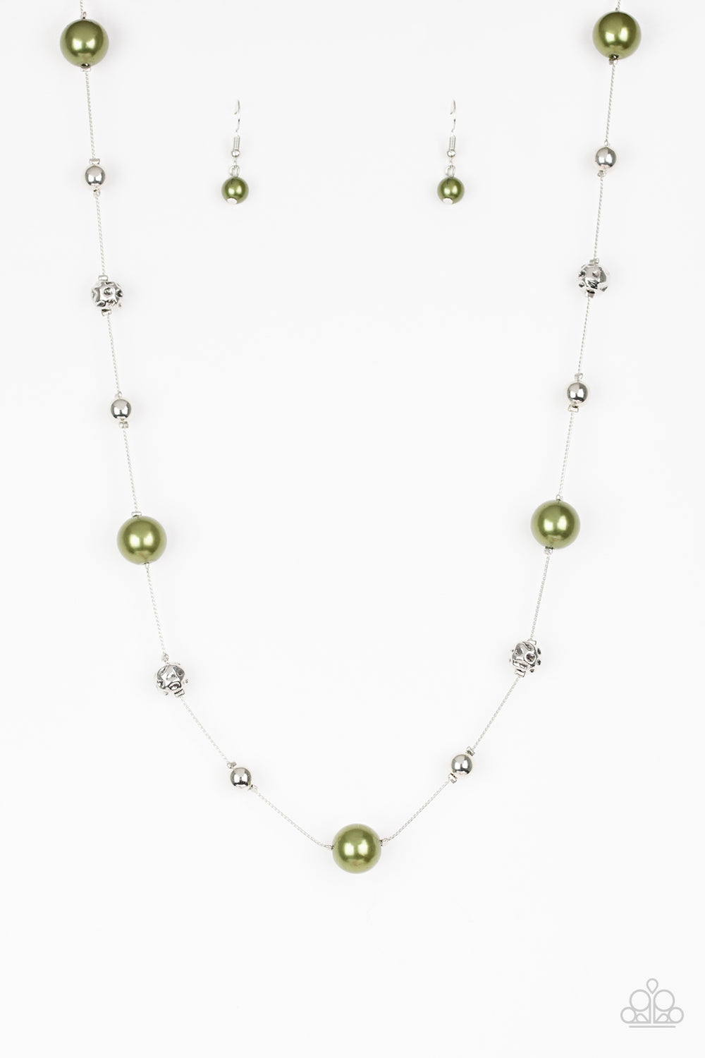 Eloquently Eloquent - Green Pearls & Hammered Silver Beaded Paparazzi Necklace & matching earrings