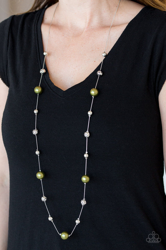 Eloquently Eloquent - Green Pearls & Hammered Silver Beaded Paparazzi Necklace & matching earrings