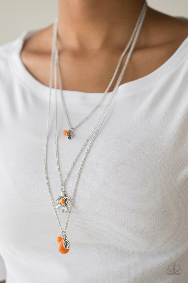 Soar With The Eagles - Orange Beads/Silver Feather Charm/Eagle Pendant Triple Layer Paparazzi Necklace & matching earrings