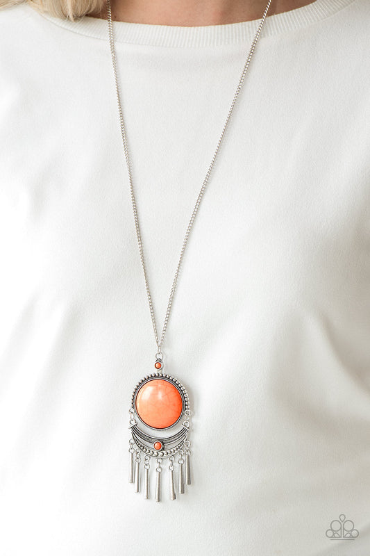 Rural Rustler - Orange Stone/Antiqued Silver Ornate Crescent Frame/Flared Silver Bar Pendant Necklace & matching earrings