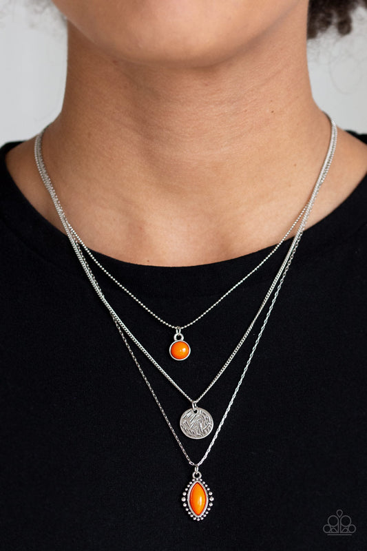 Tide Drifter - Orange Beads/Scratched Silver Disc/Triple Chain Necklace & matching earrings