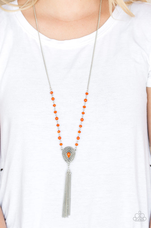 Soul Quest - Orange Beaded Silver Chain/Teardrop Pendant Necklace & matching earrings