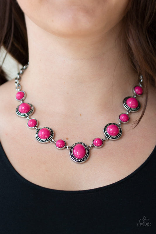 Voyager Vibes - Pink Beaded Studded Silver Frames Necklace & matching earrings