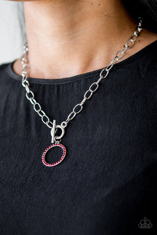 All In Favor - Red Rhinestone Encrusted Pendant Paparazzi Toggle Necklace & matching earrings