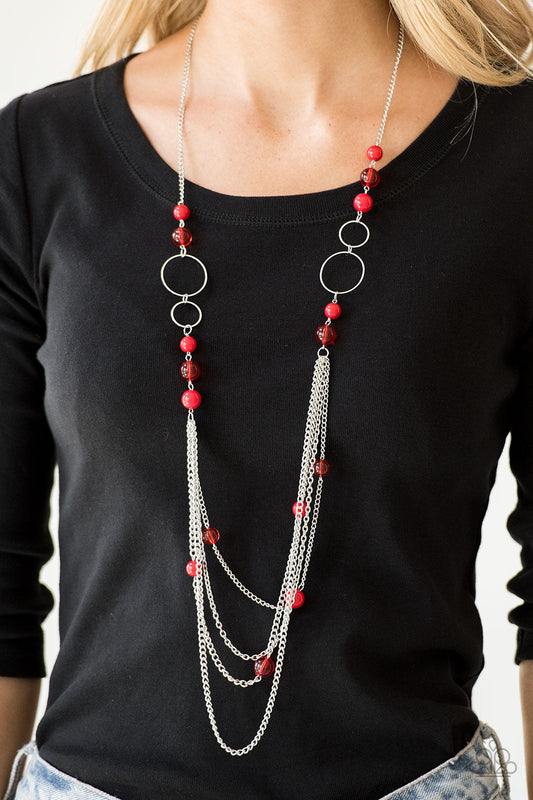 Bubbly Bright - Red Beads/Shimmery Silver Hoops/Silver Chain Necklace & matching earrings