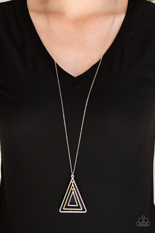 TRI Harder - Silver & Gold Triangular Frame Pendant Necklace & matching earrings