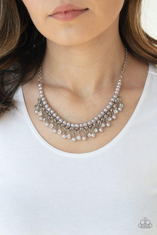 A Touch of CLASSY - Silver Pearls/White Rhinestone Flirtatious Fringe Paparazzi Necklace & matching earrings