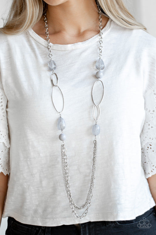 Pleasant Promenade - Silver/Gray Faux Rock Beads/Bold Silver Hoops Necklace & matching earrings