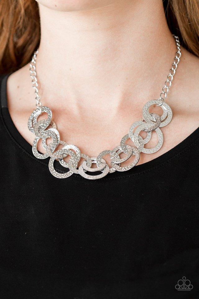 Treasure Tease - Silver Hammered Linked Disc Paparazzi Necklace & matching earrings