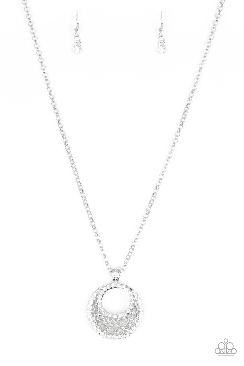 Net Worth - White Rhinestone & Silver Net-Like Pattern Pendant Paparazzi Necklace & matching earrings