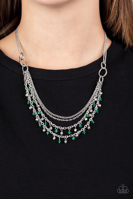 Financially Fabulous - Green & Silver Dainty Beads/Double Silver Chain Necklace & matching earrings
