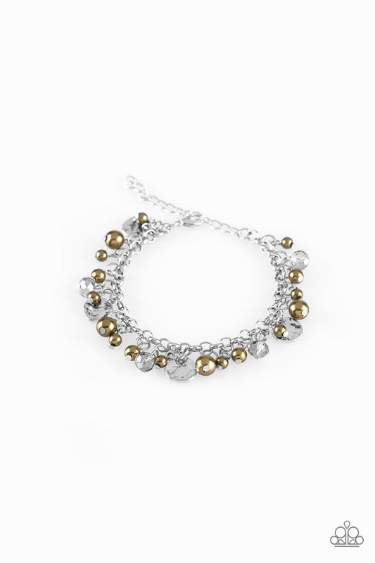West Coast Wanderer - Green Pearls, Smoky Gems, & Hammered Silver Discs Adjustable Bracelet