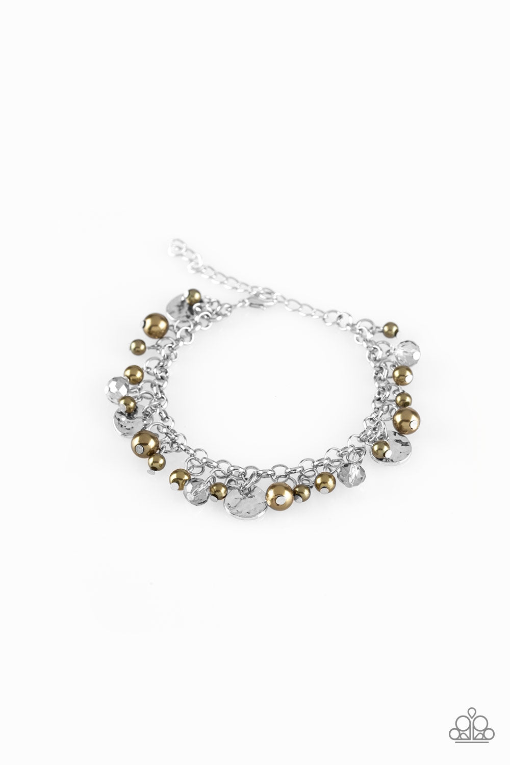 West Coast Wanderer - Green Pearls, Smoky Gems, & Hammered Silver Discs Adjustable Bracelet