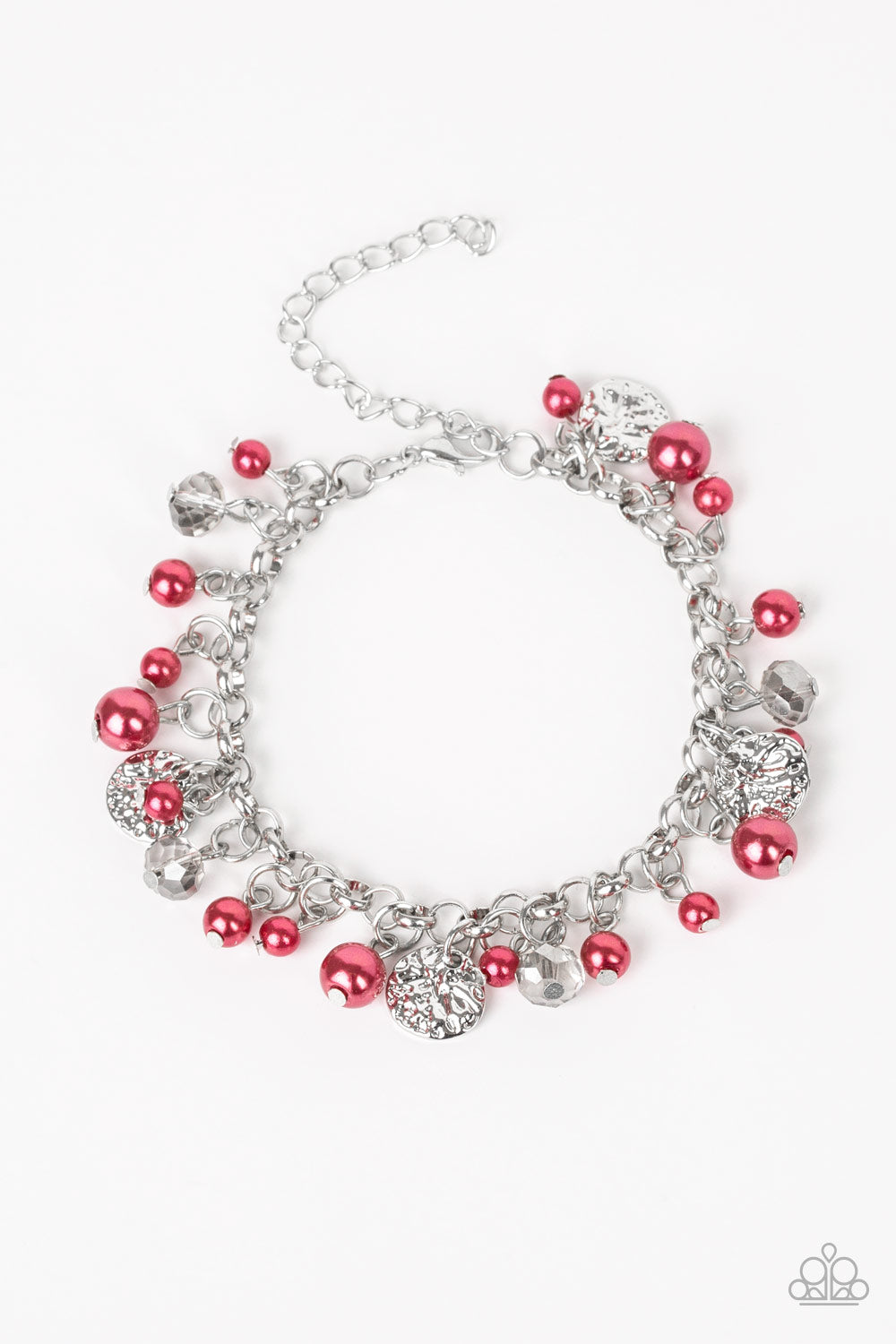 West Coast Wanderer - Red Pearls, Smoky Gems, & Hammered Silver Discs Adjustable Bracelet