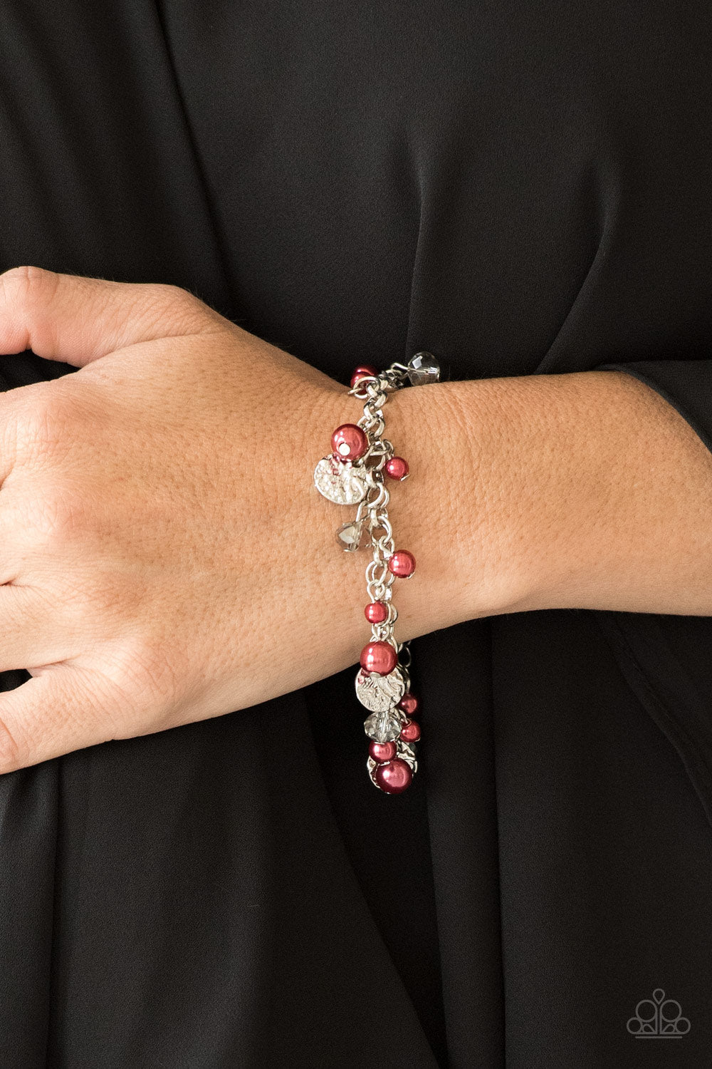 West Coast Wanderer - Red Pearls, Smoky Gems, & Hammered Silver Discs Adjustable Bracelet