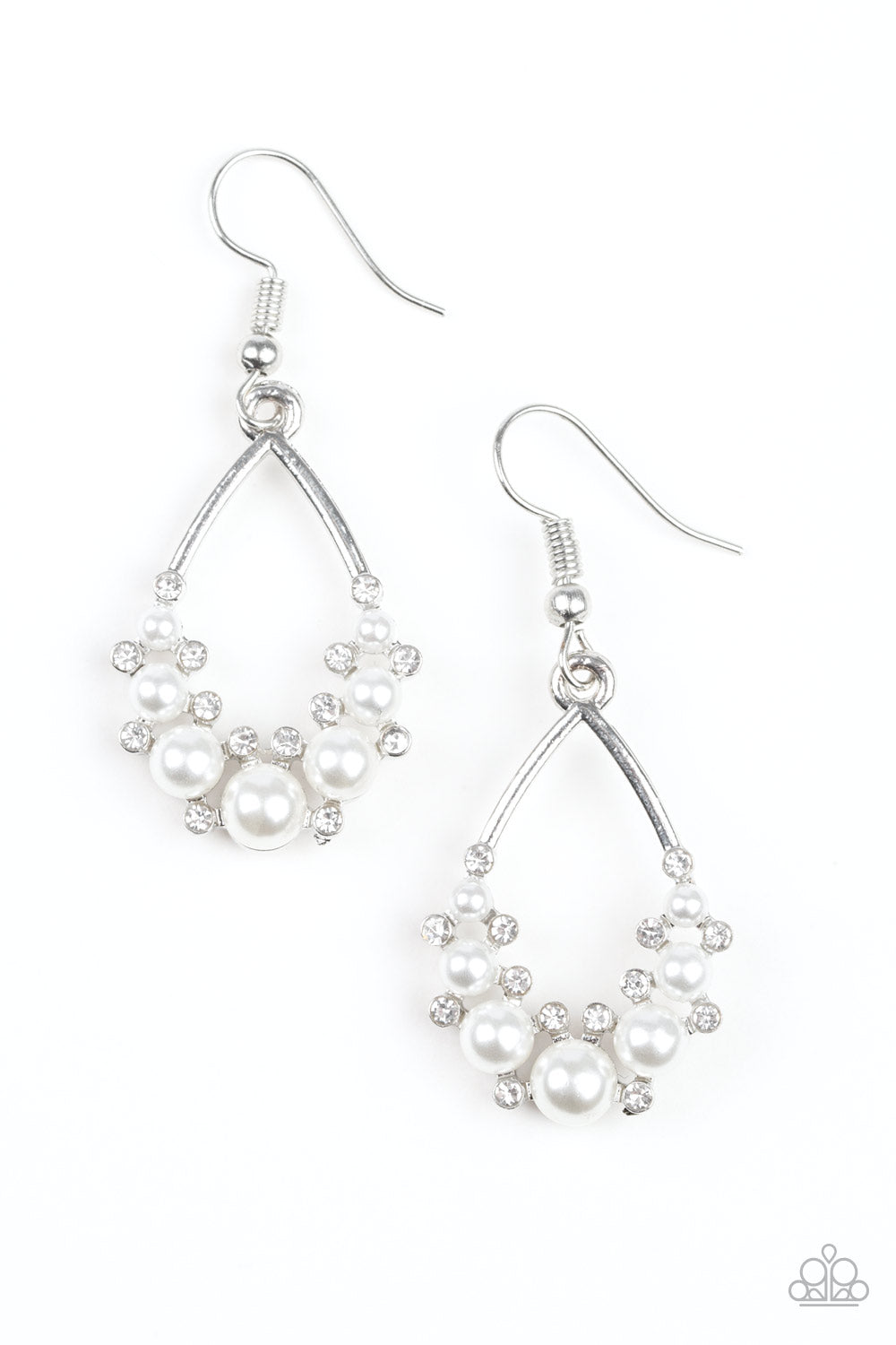 Fancy First - White Pearl & Rhinestone Paparazzi Teardrop Earrings