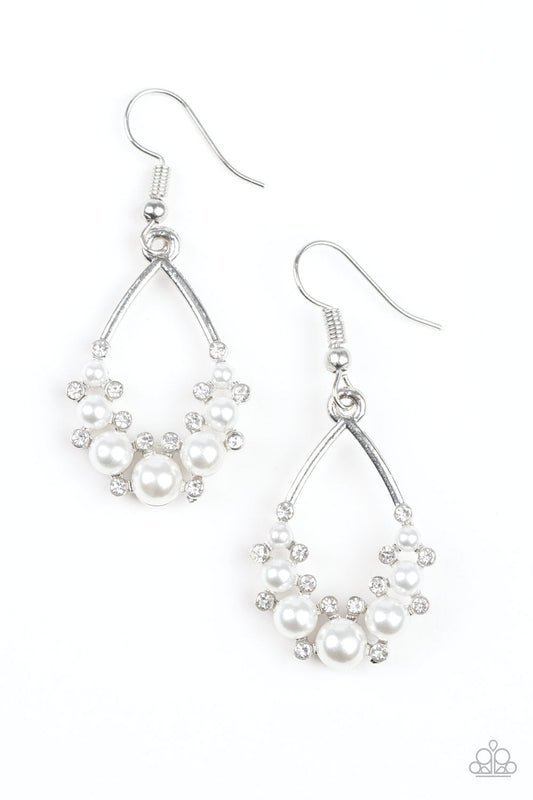 Fancy First - White Pearl & Rhinestone Paparazzi Teardrop Earrings