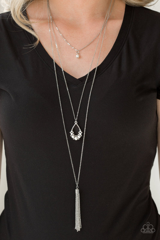 Be Fancy - White Pearls/White Rhinestone/Silver Teardrop Pendant Triple Layer Necklace & matching earrings
