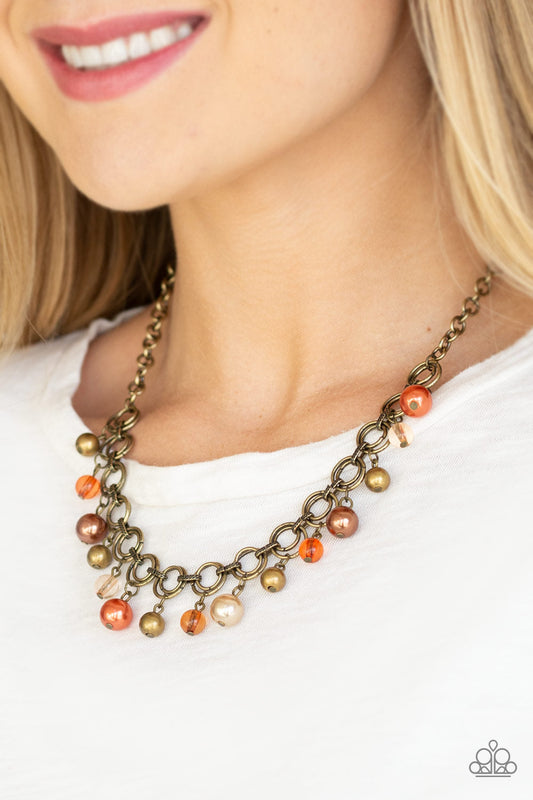 Fiercely Fancy - Multi Brass, Brown, & Orange Pearl/Glassy Beaded Fringe Necklace & matching earrings