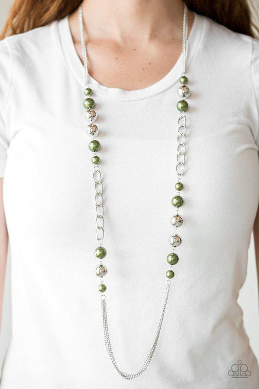 Uptown Talker - Green Pearl & Oversized Silver Beaded Layered Paparazzi Necklace & matching earrings