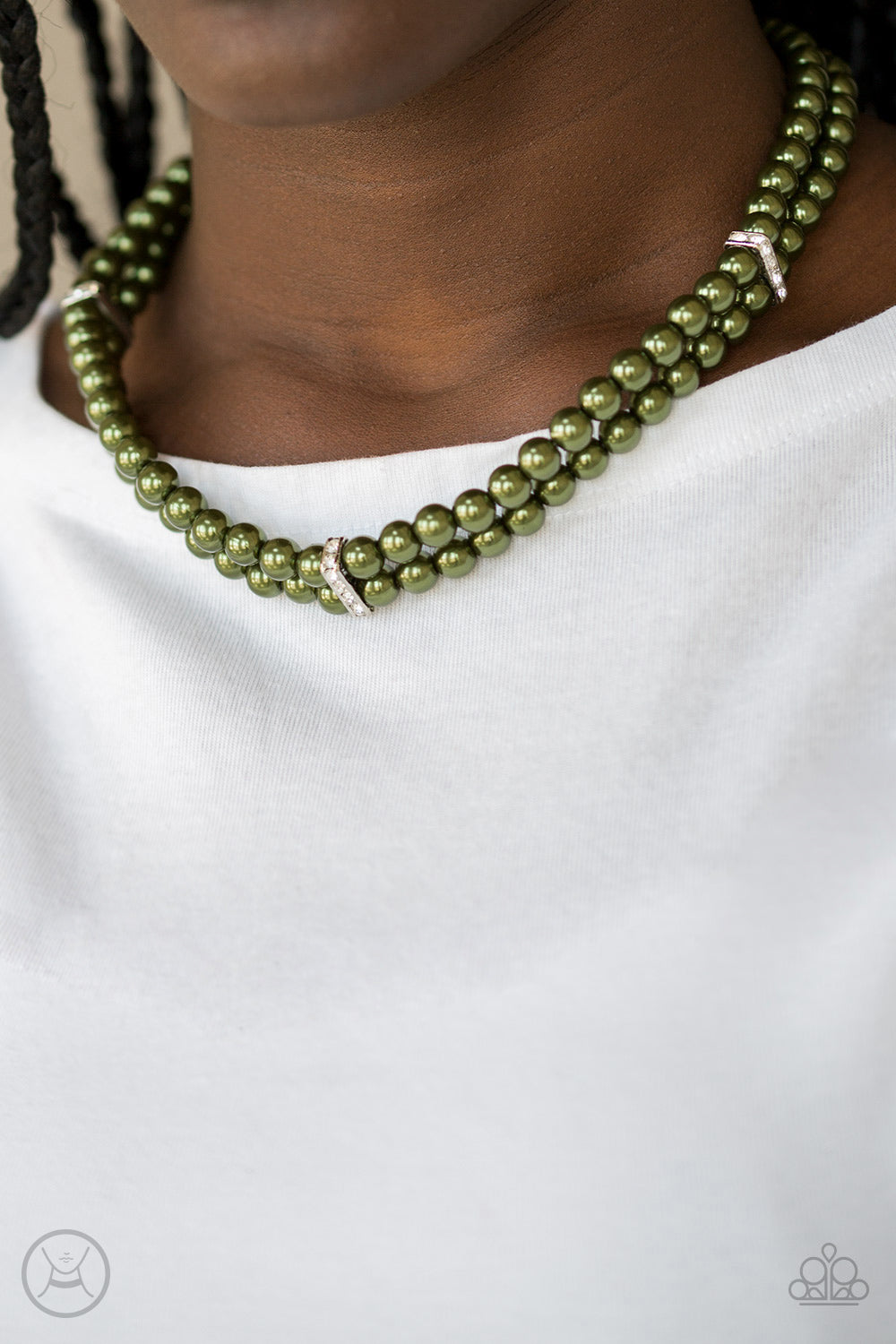 Put On Your Party Dress - Green Pearl/White Rhinestone Encrusted Frames Necklace & matching earrings