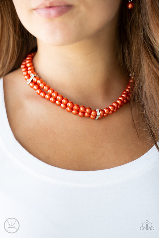Put On Your Party Dress - Orange Pearl & White Rhinestone Accents Choker Necklace & matching earrings