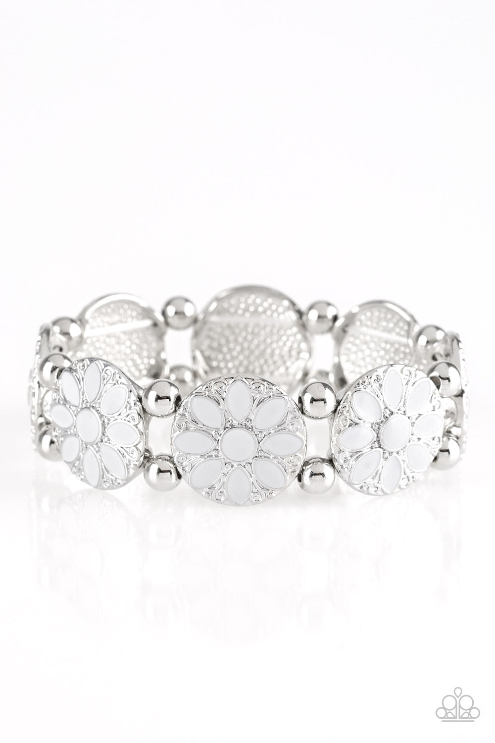 Dancing Dahlias - Silver Floral Frames/Painted Gray Flowers Paparazzi Stretch Bracelet