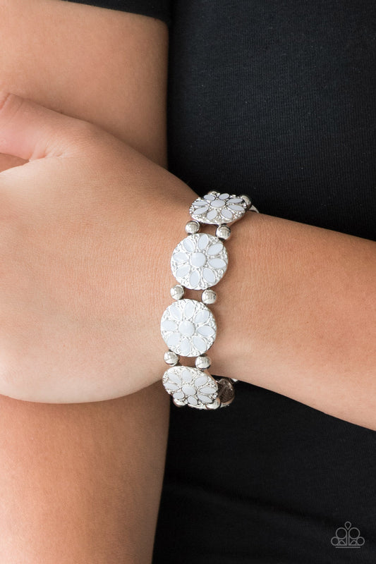 Dancing Dahlias - Silver Floral Frames/Painted Gray Flowers Paparazzi Stretch Bracelet