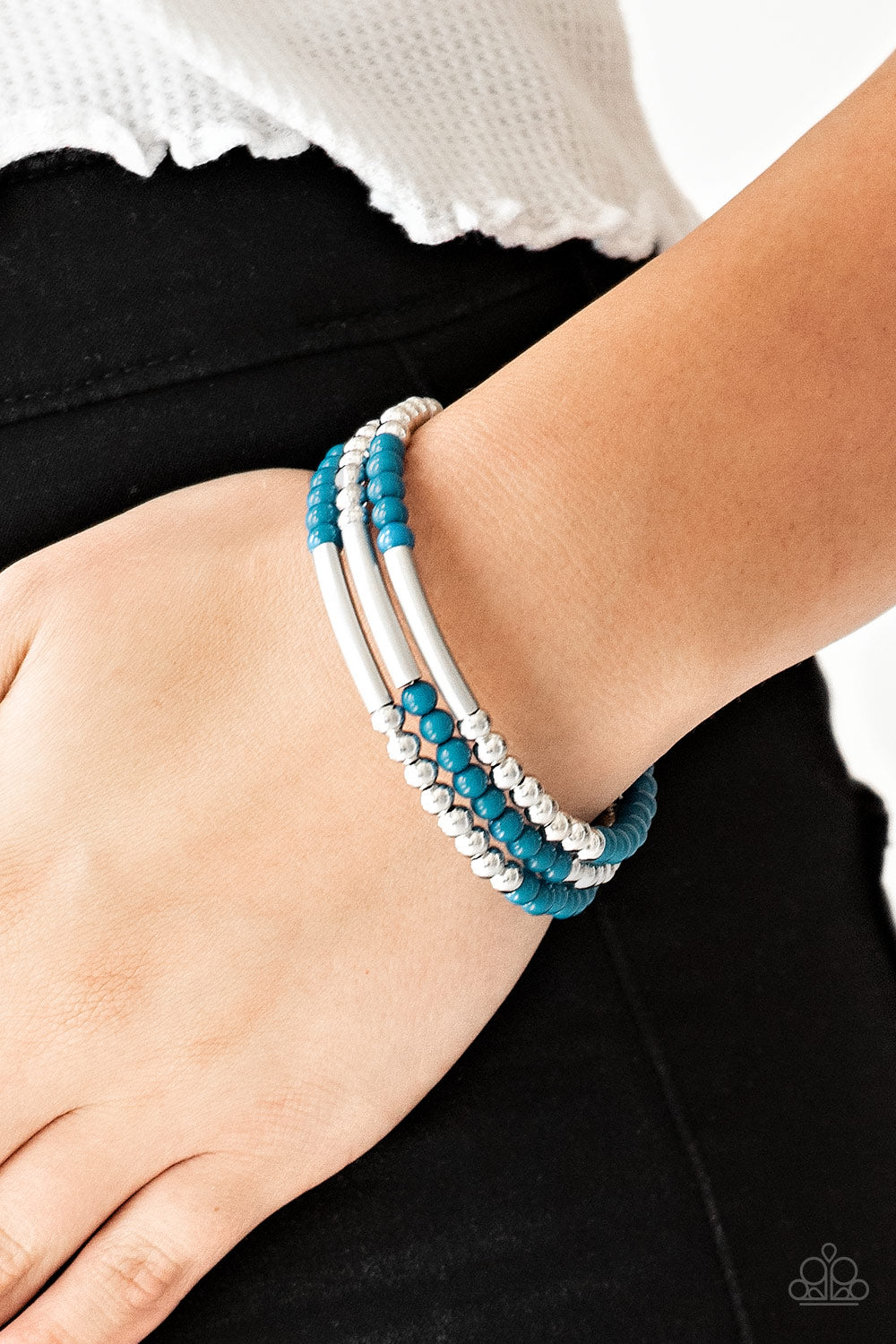 Tourist Trap - Blue & Silver Beads/Silver Accent Coil Bracelet