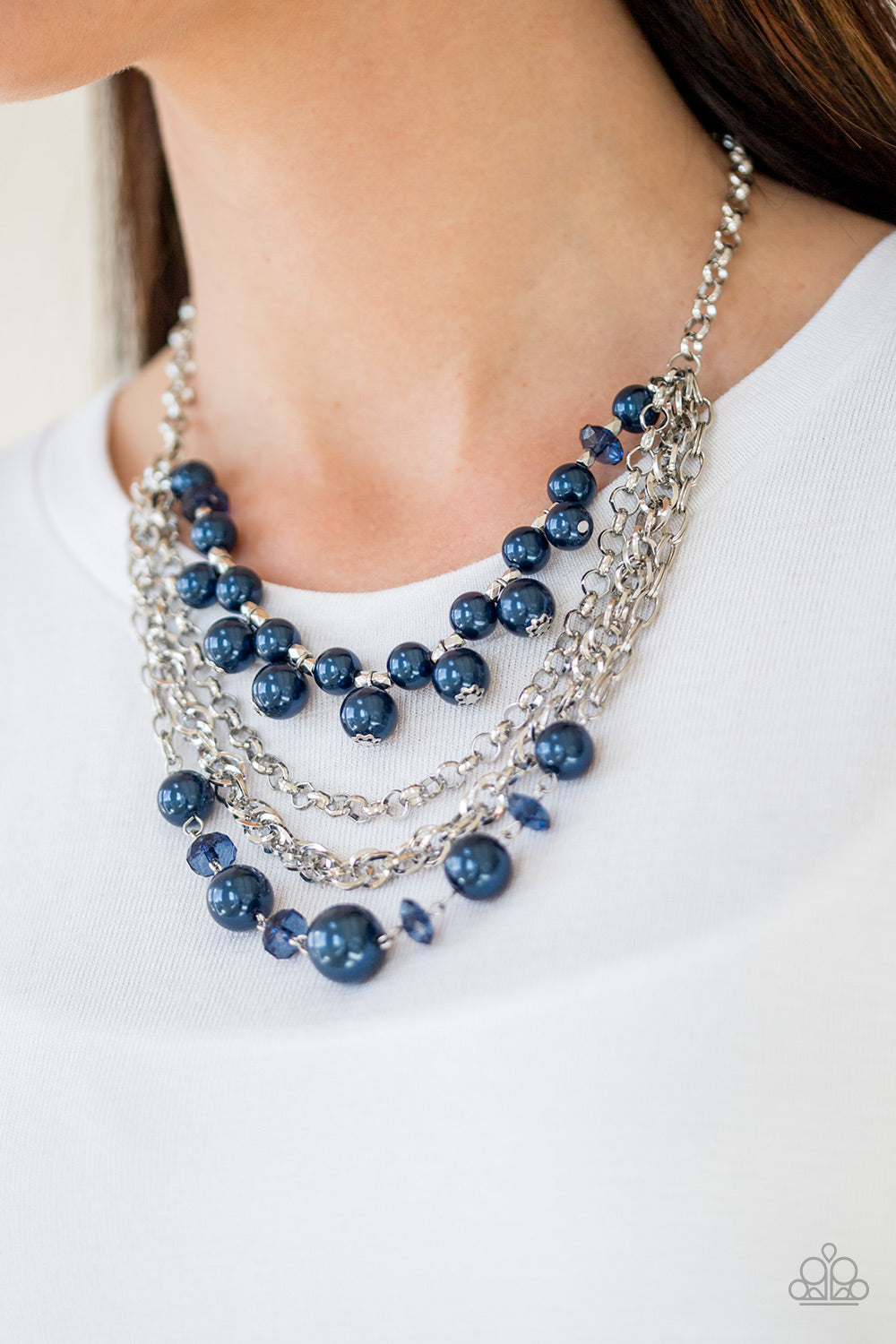 Rockin Rockette - Blue Pearls, Blue Crystal-Like Beads, Faceted Silver Beads/Mismatched Silver Chain Necklace & matching earrings