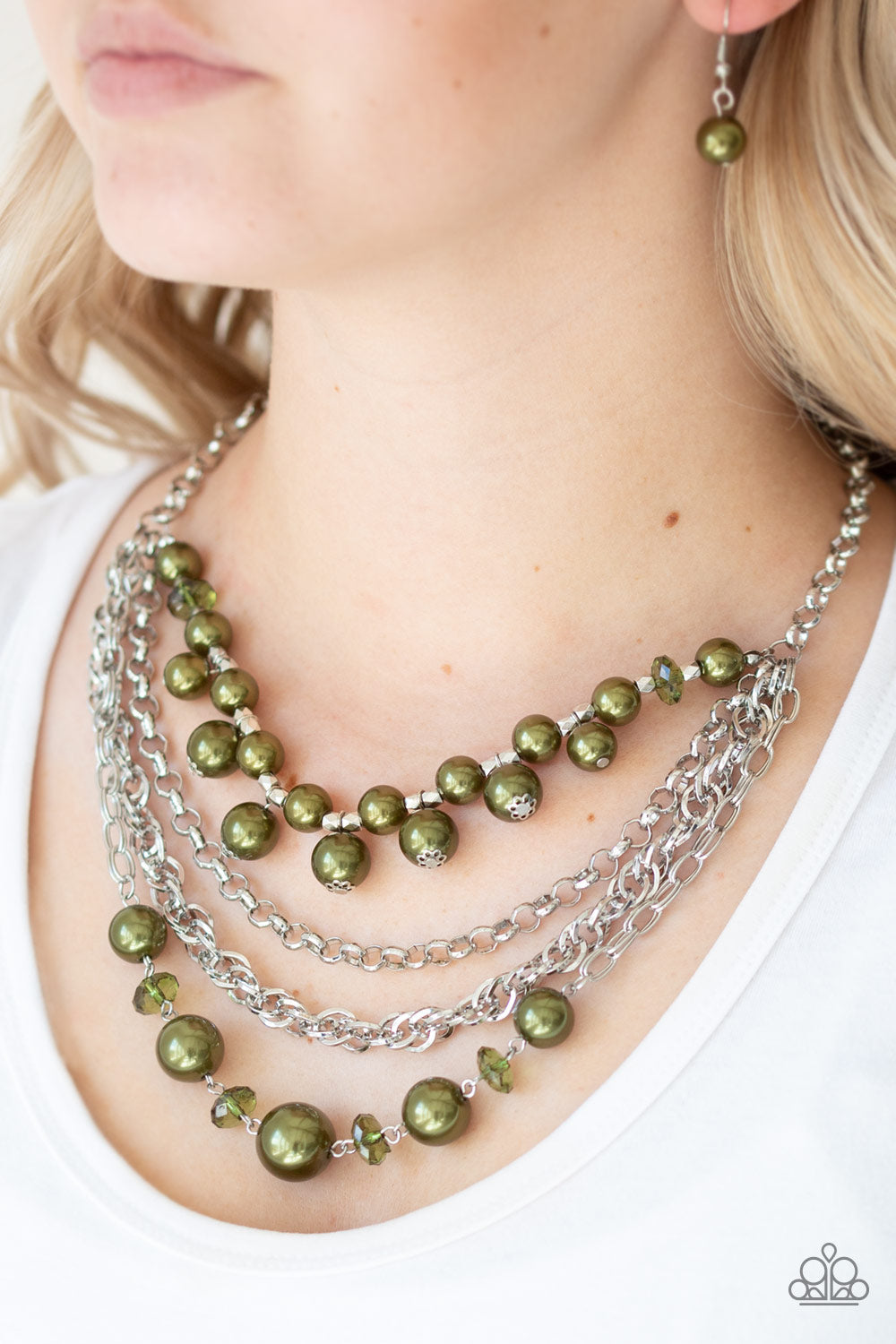 Rockin Rockette - Green Pearl & Crystal-Like Beads/Mismatched Silver Chain Necklace & matching earrings