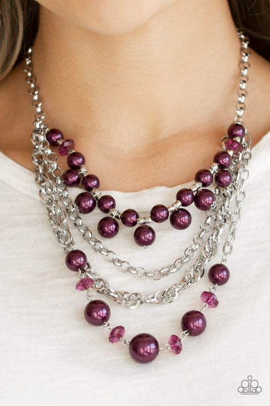 Rockin Rockette - Purple Pearls & Crystal-Like Bead & Faceted Silver Bead Necklace & matching earrings