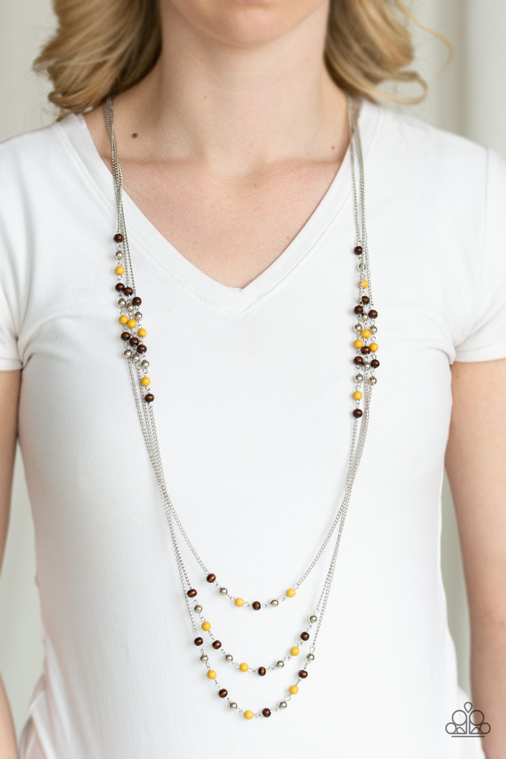 Seasonal Sensation - Yellow, Silver, Brown Wooden Beaded Triple Silver Chain Paparazzi Necklace & matching earrings