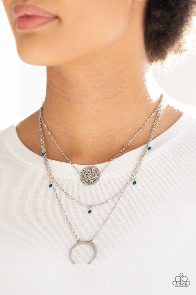 Lunar Lotus - Blue Beads/Silver Floral Frame/Silver Crescent Frame Paparazzi Necklace & matching earrings Necklace