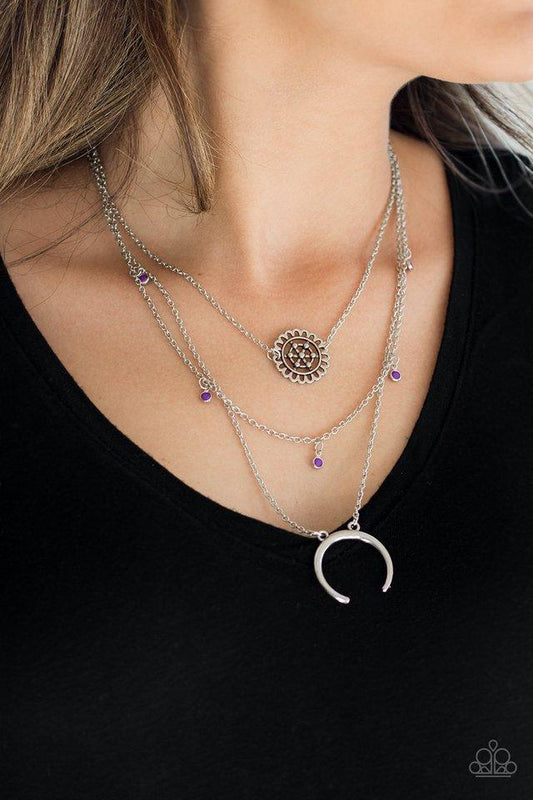Lunar Lotus - Purple Beads/Silver Floral Frame/Silver Crescent Frame Paparazzi Necklace & matching earrings