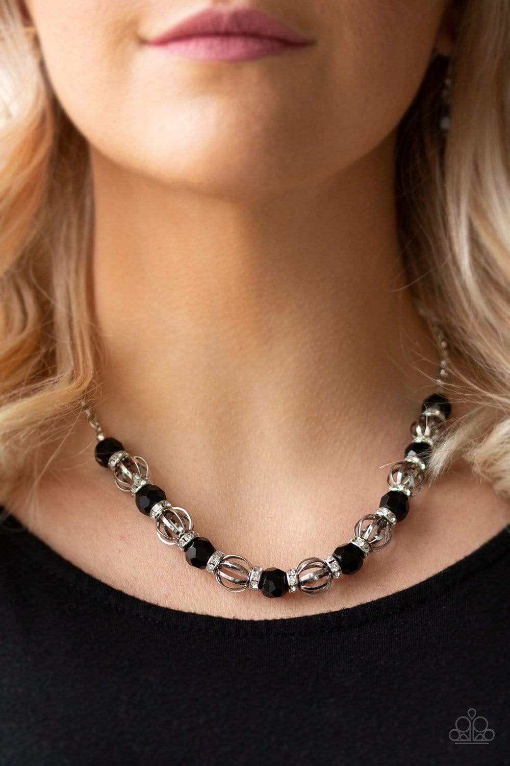 Metro Majestic - Black Rhinestone & Silver Beaded Paparazzi Necklace & matching earrings
