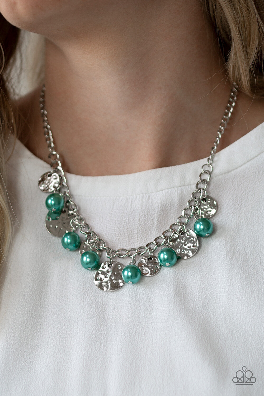 Seaside Sophistication - Green Pearl & Hammered Silver Disc Paparazzi Necklace & matching earrings