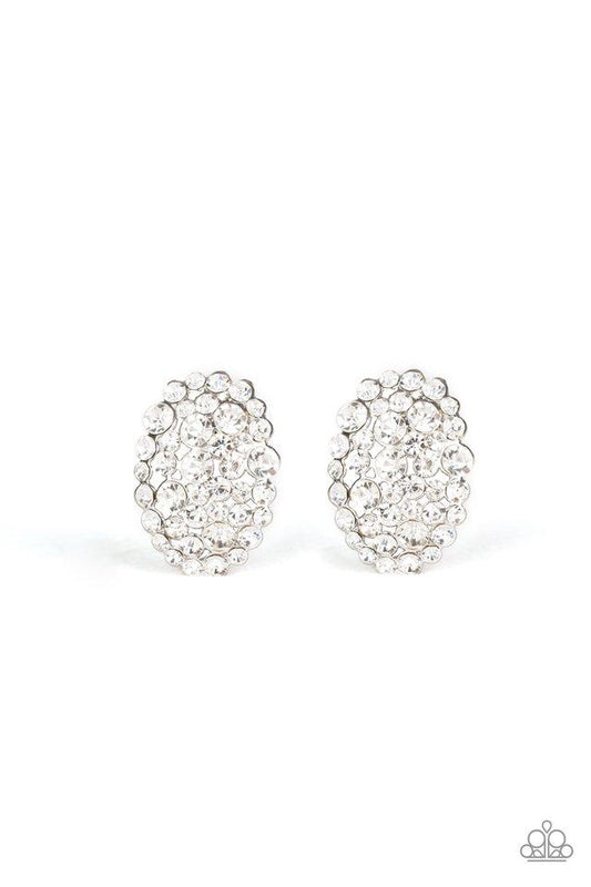 Daring Dazzle - White Rhinestone Encrusted Curves Oval Shaped Paparazzi Earrings