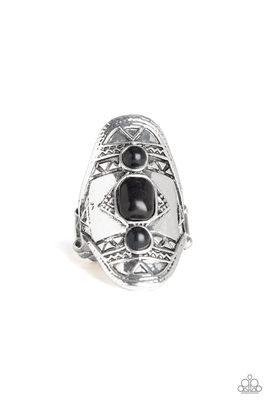 Desert Paint - Black Stones/Ornate Silver Stamped & Embossed Tribal Inspired Paparazzi Ring