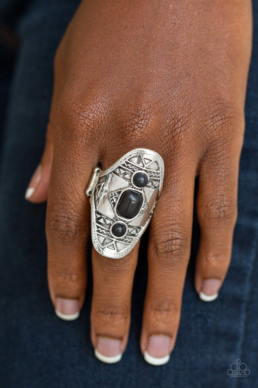 Desert Paint - Black Stones/Ornate Silver Stamped & Embossed Tribal Inspired Ring