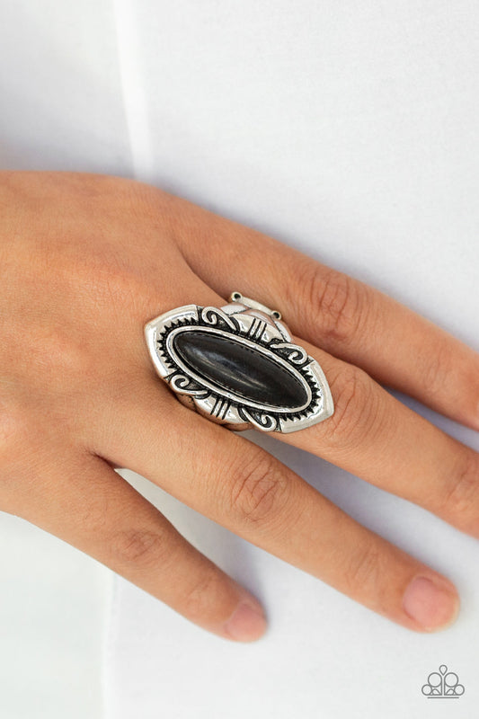 Santa Fe Serenity - Black Oblong Stone/Antiqued Silver Band Ring