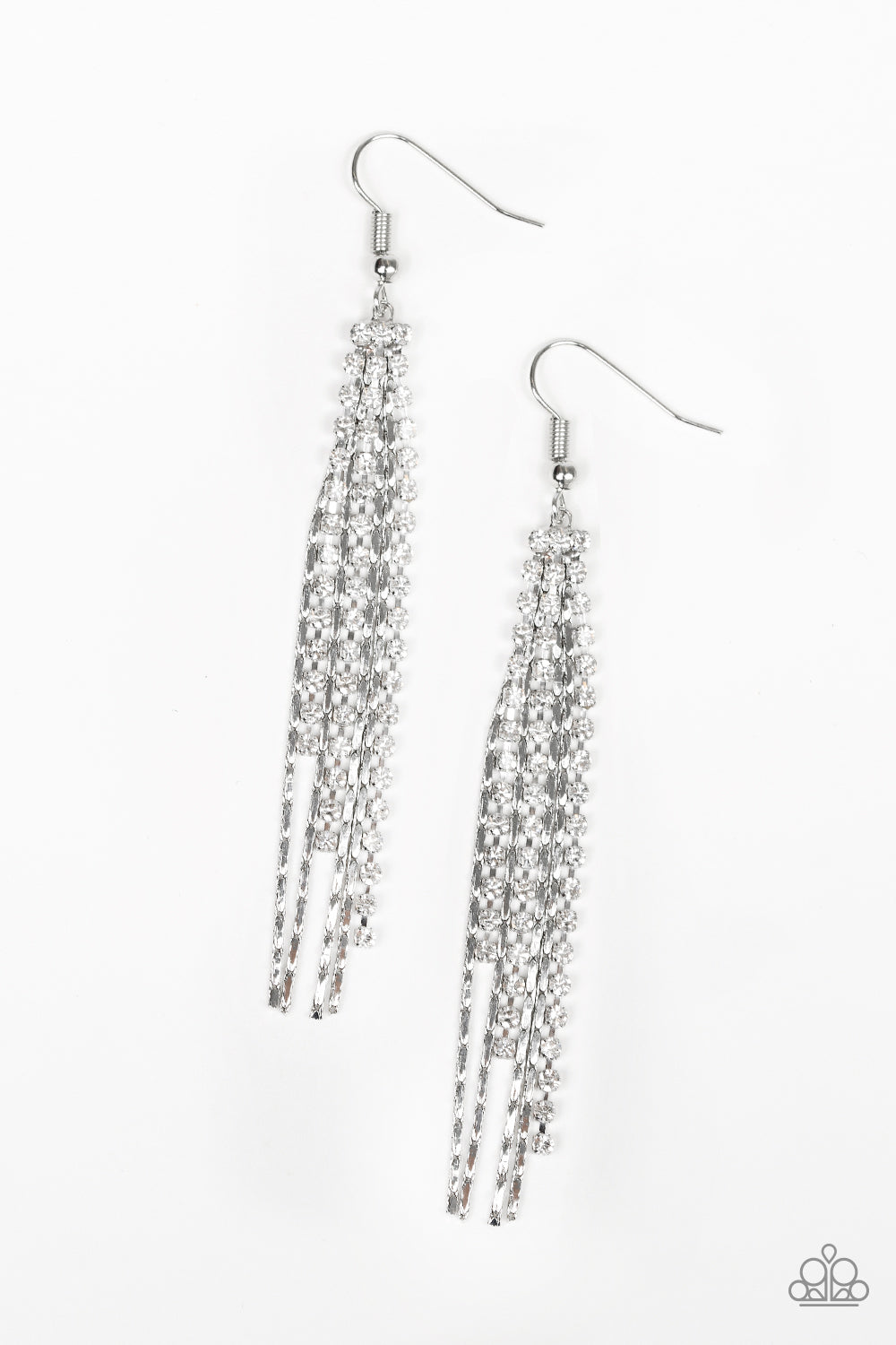 Red Carpet Bombshell - White Rhinestone/Silver Chain Tassel Earrings