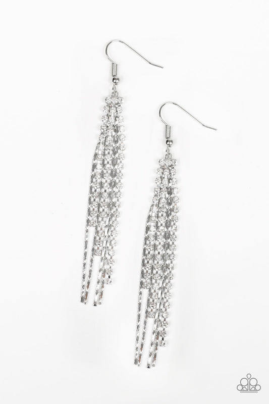 Red Carpet Bombshell - White Rhinestone/Silver Chain Tassel Earrings
