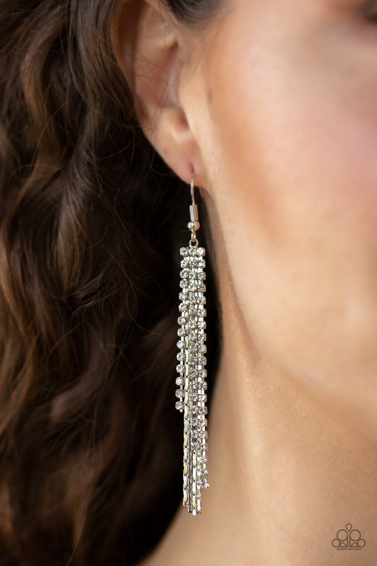 Red Carpet Bombshell - White Rhinestone/Silver Chain Tassel Earrings