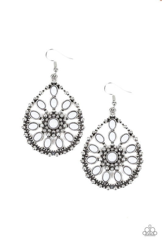 Free To Roam - White Beaded Floral Pattern Whimsical Frame Earrings