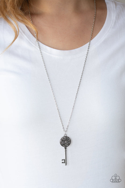 Key Keepsake - Silver & Hematite Rhinestone/Silver Key Paparazzi Pendant Necklace & matching earrings