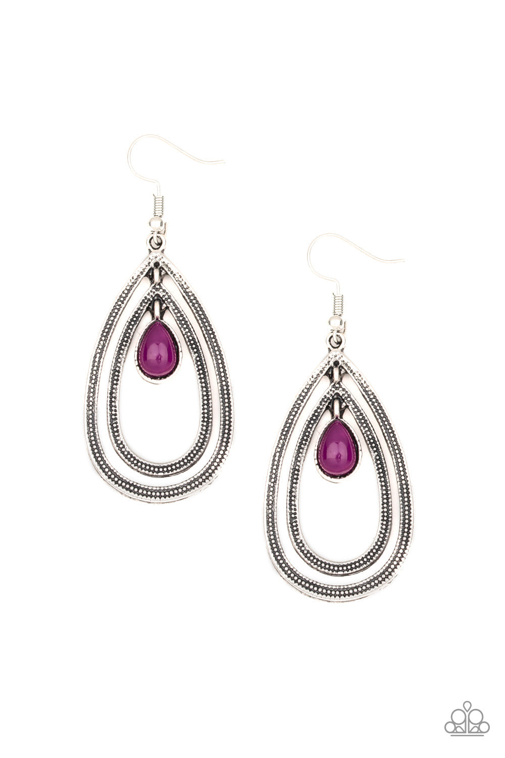 Drops of Color - Purple Teardrop Bead/Studded Texture Silver Teardrop Earrings