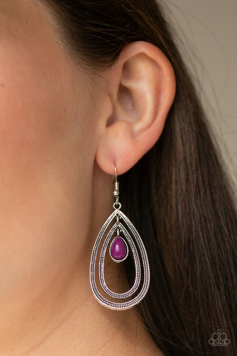 Drops of Color - Purple Teardrop Bead/Studded Texture Silver Teardrop Earrings